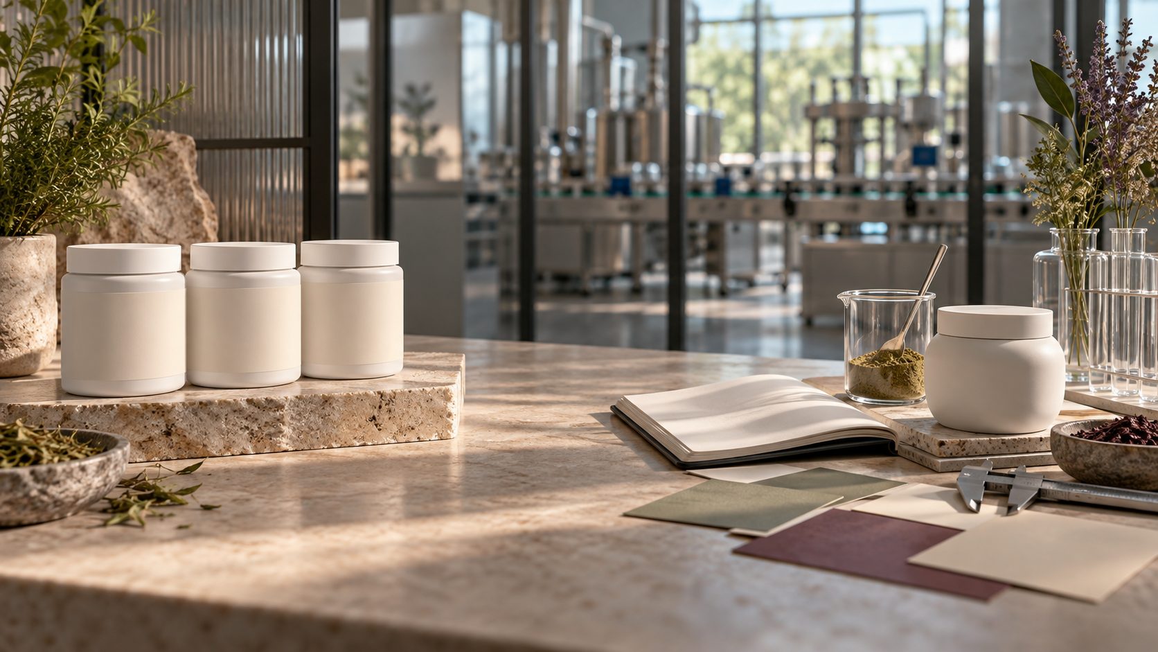 Confronto tra flaconi neutri private label e progetto personalizzato con campioni di botanici e materiali grafici in laboratorio