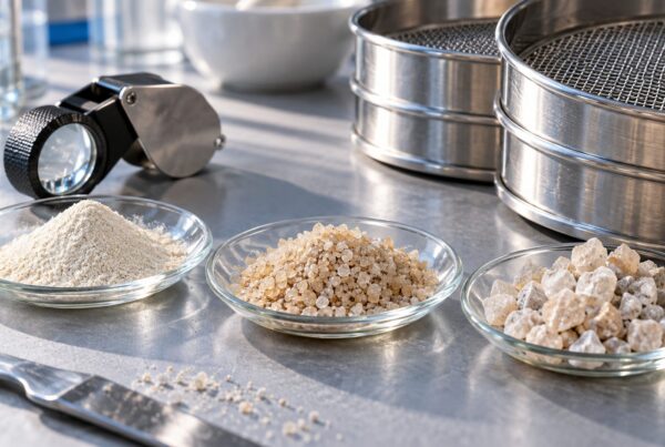 Tre campioni di particelle fini, medie e grossolane con setacci da laboratorio per illustrare la distribuzione granulometrica D10 D50 D90