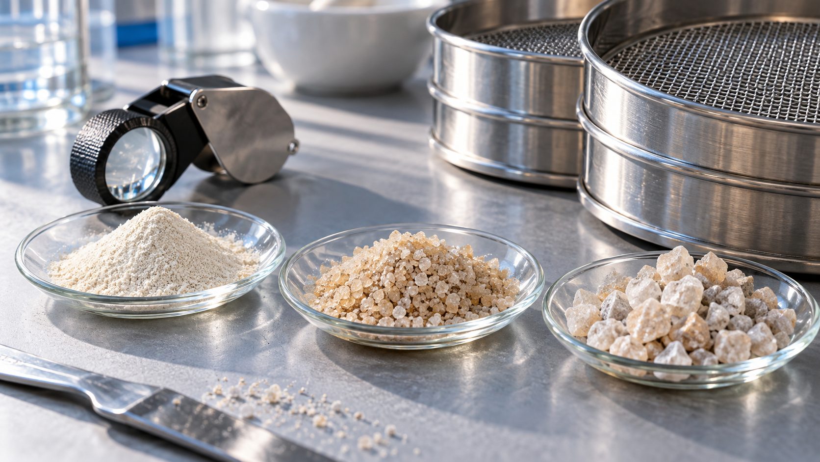 Tre campioni di particelle fini, medie e grossolane con setacci da laboratorio per illustrare la distribuzione granulometrica D10 D50 D90