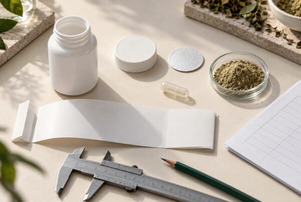 Componenti di una distinta base per integratore: flacone, tappo, etichetta bianca, capsula e materia prima su un banco di progettazione
