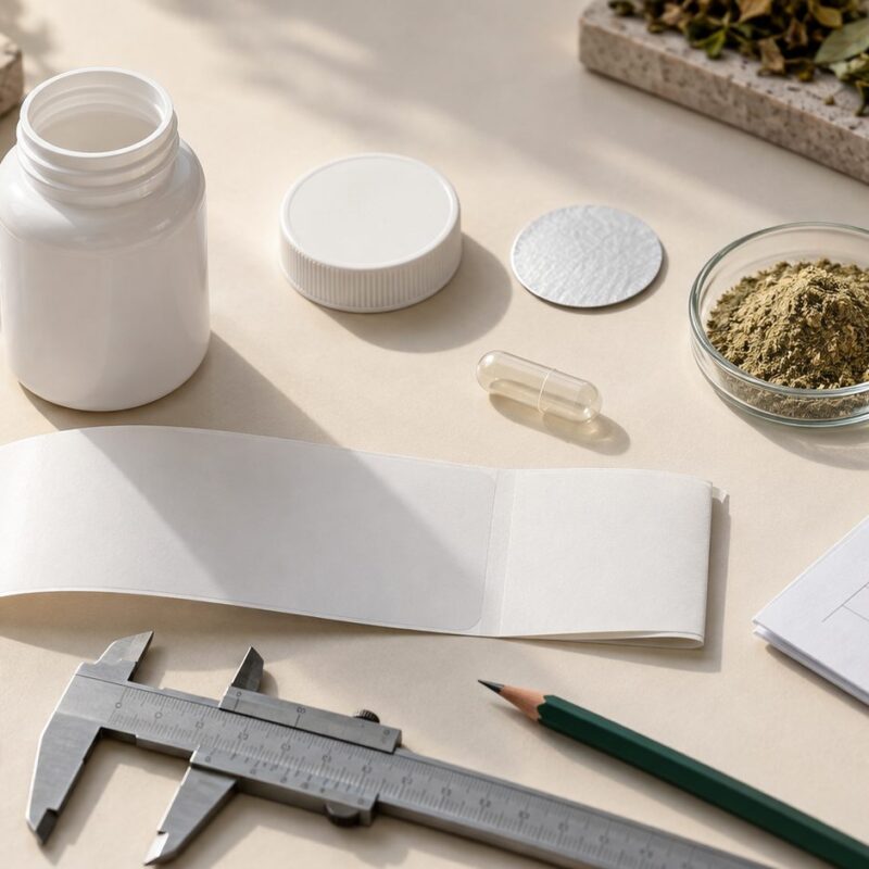 Componenti di una distinta base per integratore: flacone, tappo, etichetta bianca, capsula e materia prima su un banco di progettazione