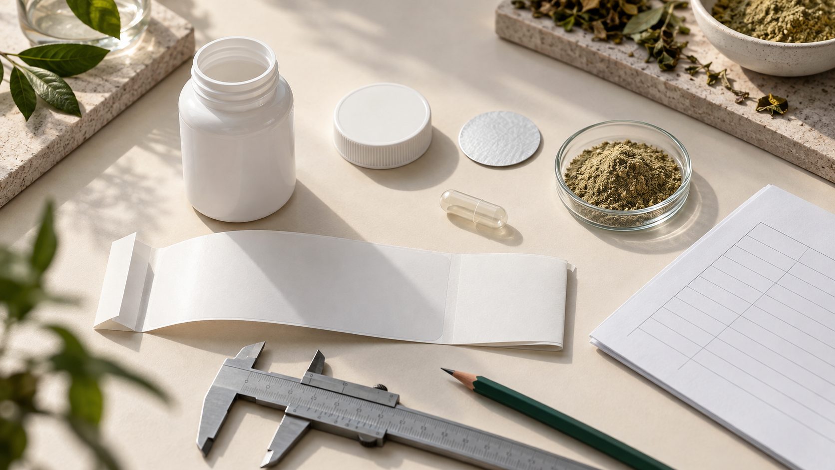 Componenti di una distinta base per integratore: flacone, tappo, etichetta bianca, capsula e materia prima su un banco di progettazione