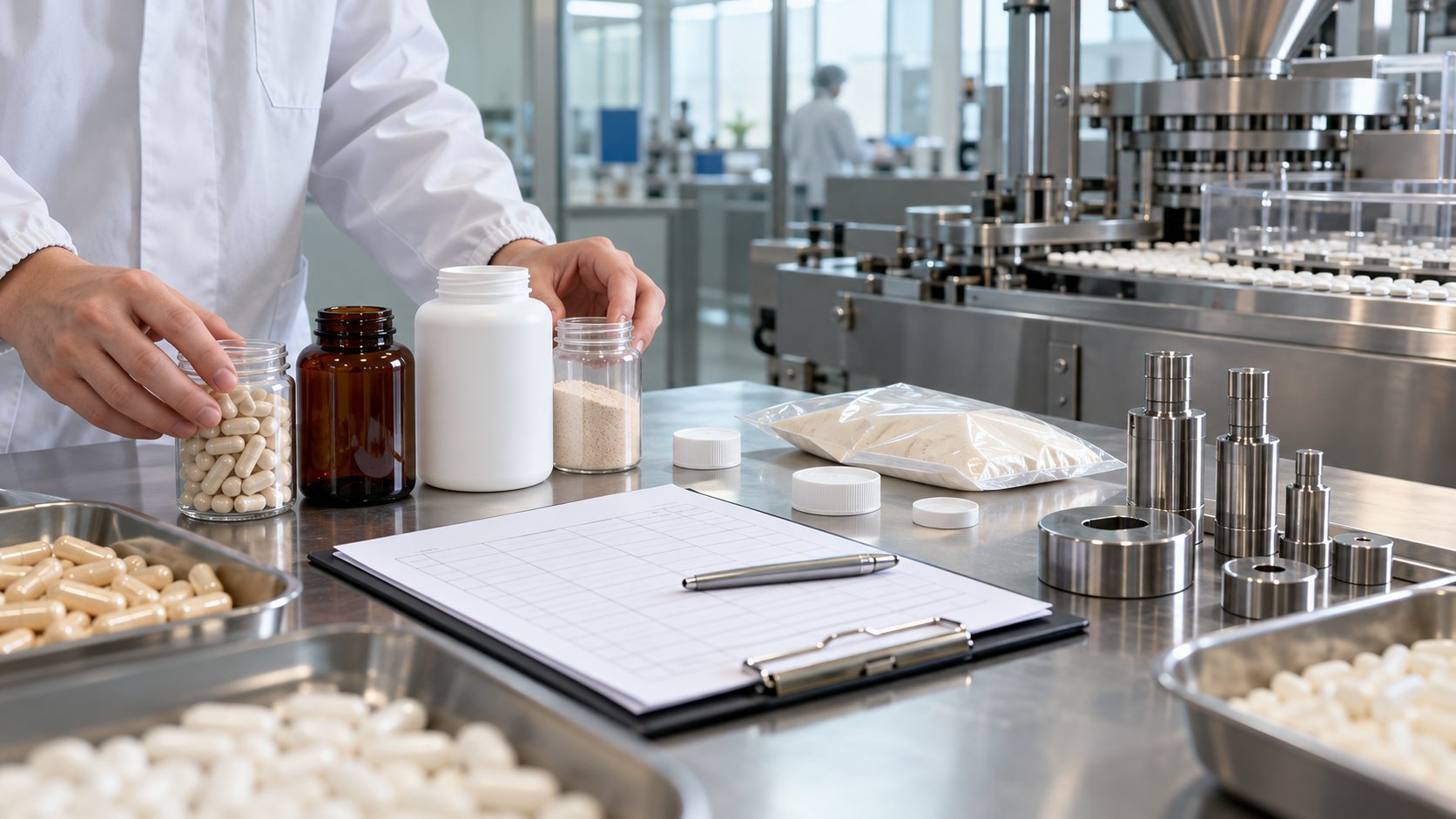 Tecnico in produzione integratori valuta capsule, polveri, flaconi e avvio macchina per definire il lotto minimo MOQ