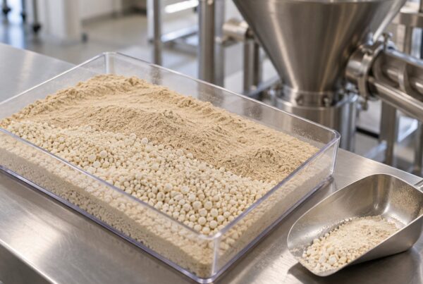 Miscela di polveri fini e granuli in una vaschetta di laboratorio, esempio visivo della segregazione delle particelle in produzione