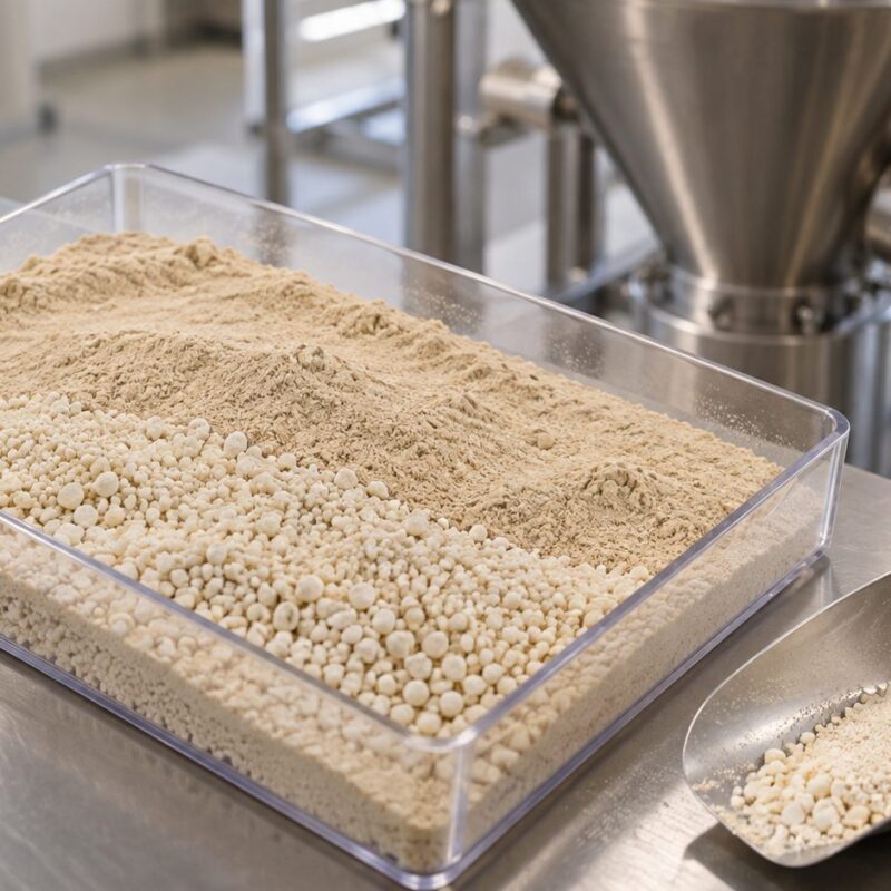 Miscela di polveri fini e granuli in una vaschetta di laboratorio, esempio visivo della segregazione delle particelle in produzione