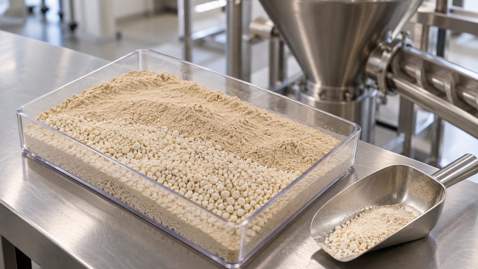 Miscela di polveri fini e granuli in una vaschetta di laboratorio, esempio visivo della segregazione delle particelle in produzione