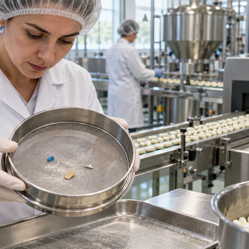 Ispezione del setaccio per individuare corpi estranei nella lavorazione di capsule e compresse