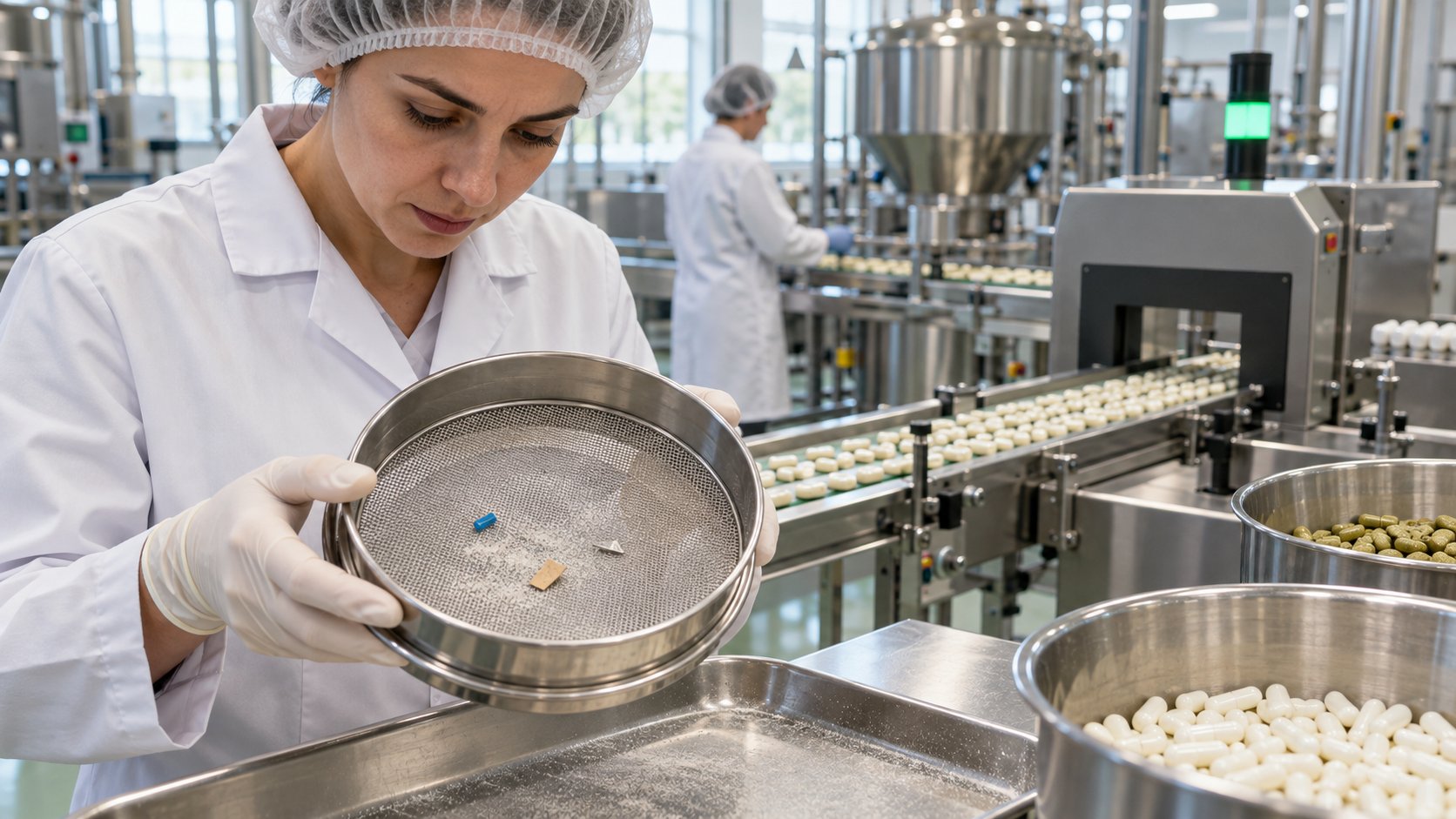 Ispezione del setaccio per individuare corpi estranei nella lavorazione di capsule e compresse