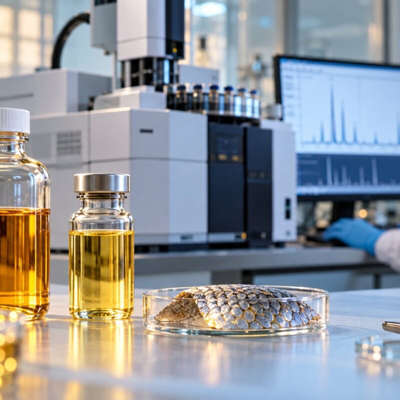 Olio di pesce in provette e laboratorio analitico per la misura delle diossine e dei PCB negli oli marini