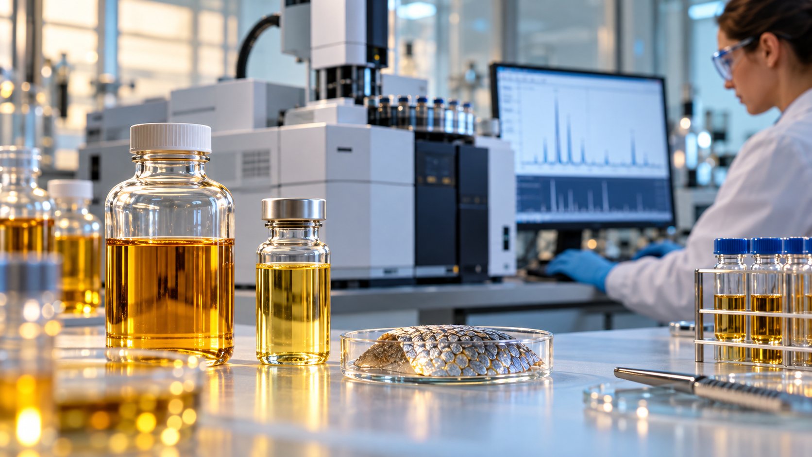 Olio di pesce in provette e laboratorio analitico per la misura delle diossine e dei PCB negli oli marini