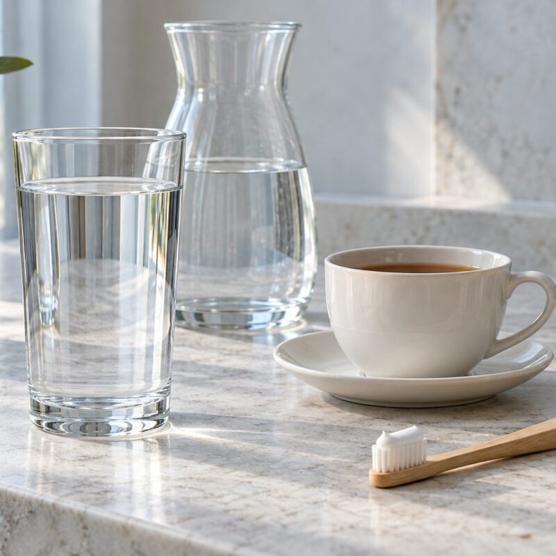 Bicchiere e caraffa di acqua, tazza di tè e spazzolino da denti con poco dentifricio su superficie chiara