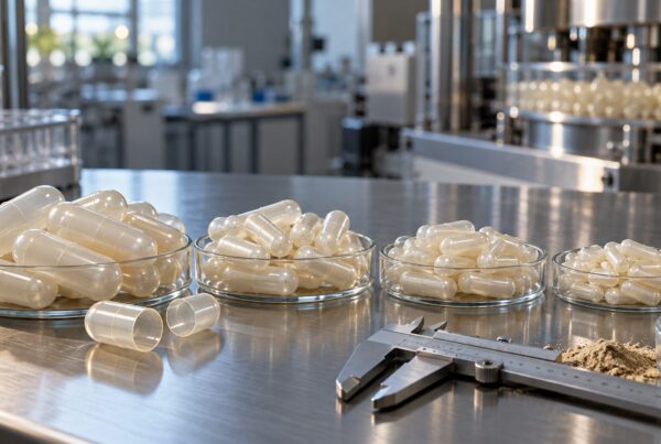 Capsule vuote di formato 000, 00, 0 e 1 di dimensioni diverse, con calibro sul banco di un laboratorio