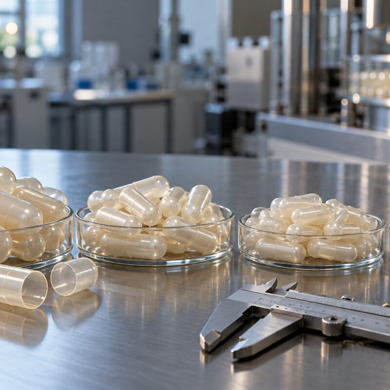 Capsule vuote di formato 000, 00, 0 e 1 di dimensioni diverse, con calibro sul banco di un laboratorio