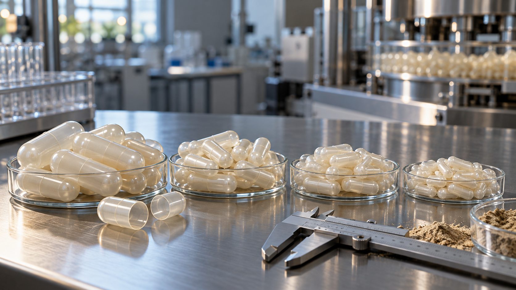 Capsule vuote di formato 000, 00, 0 e 1 di dimensioni diverse, con calibro sul banco di un laboratorio