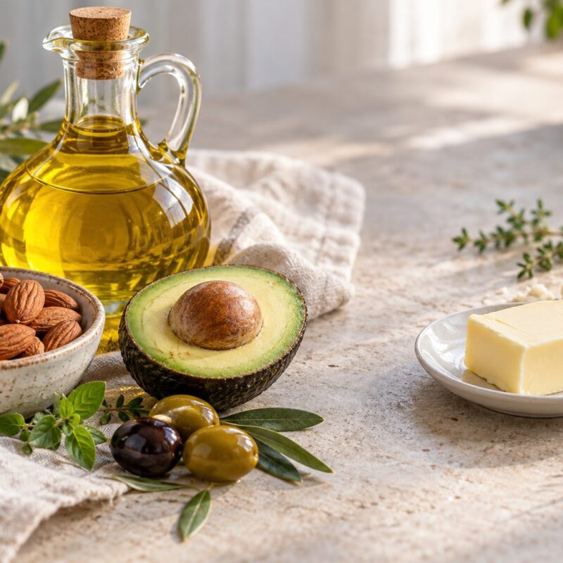 Olio d’oliva in ampolla, noci, mandorle, avocado, olive, burro e formaggio su un tavolo chiaro
