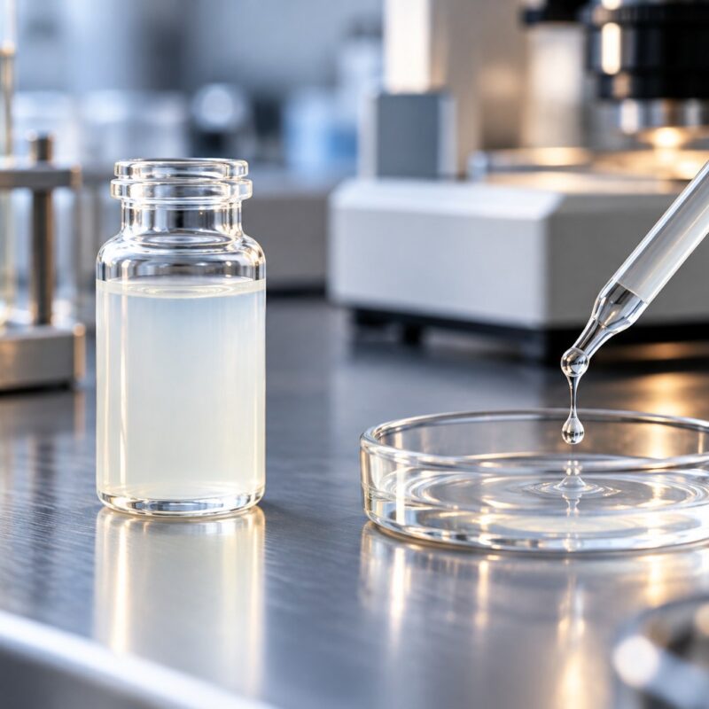 Fiala di liquido opalescente e pipetta su banco di laboratorio accanto a piccola piastra in vetro
