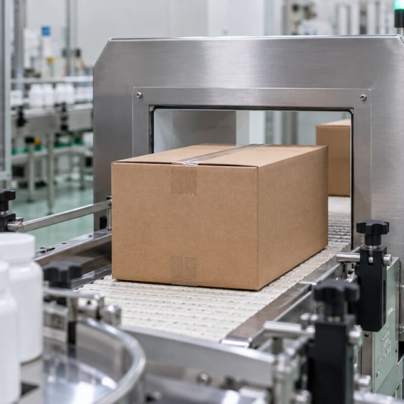 Sistema metal detector industriale che controlla una confezione su nastro di produzione