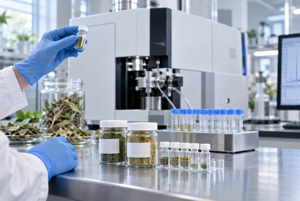 Analisi di metalli negli estratti botanici con provette, campioni di erbe e apparecchiatura ICP-MS in laboratorio