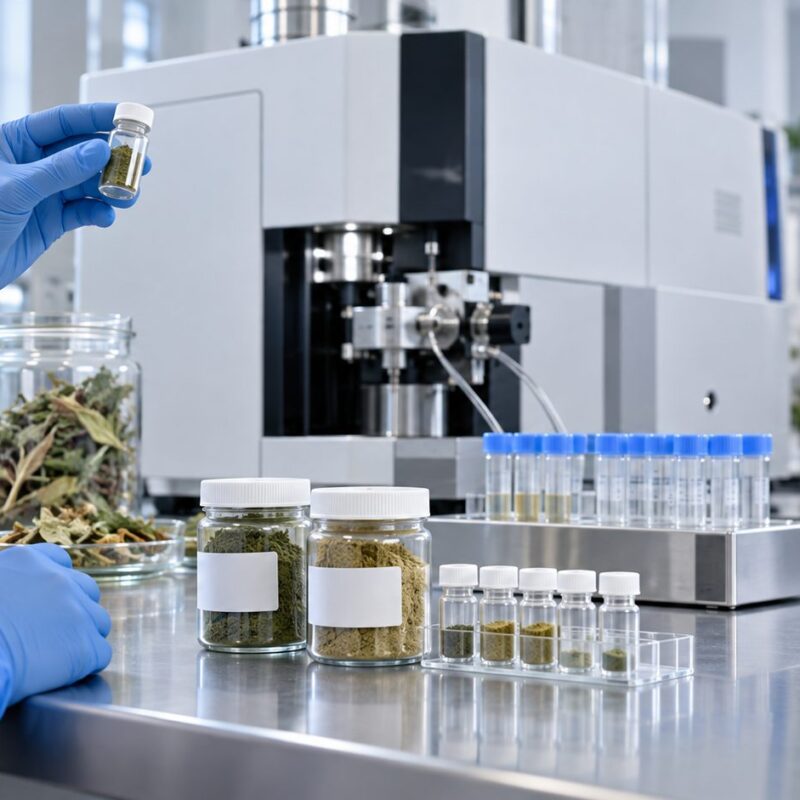 Analisi di metalli negli estratti botanici con provette, campioni di erbe e apparecchiatura ICP-MS in laboratorio