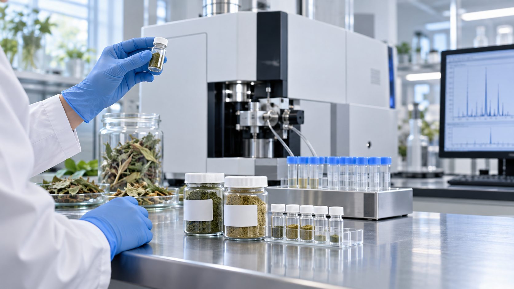Analisi di metalli negli estratti botanici con provette, campioni di erbe e apparecchiatura ICP-MS in laboratorio