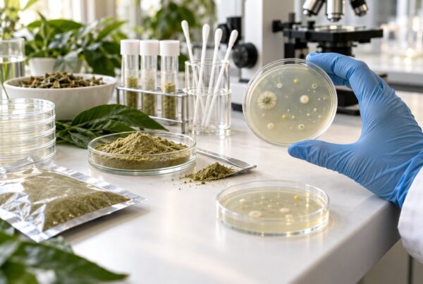 Analisi microbiologica di una materia prima botanica con piastre di coltura in laboratorio alimentare