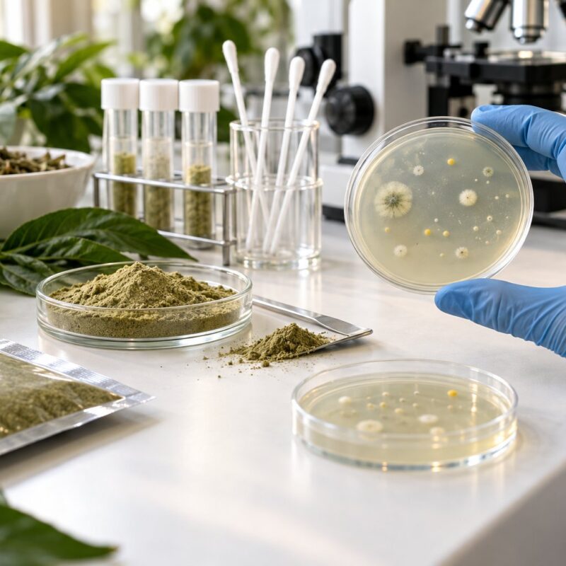 Analisi microbiologica di una materia prima botanica con piastre di coltura in laboratorio alimentare