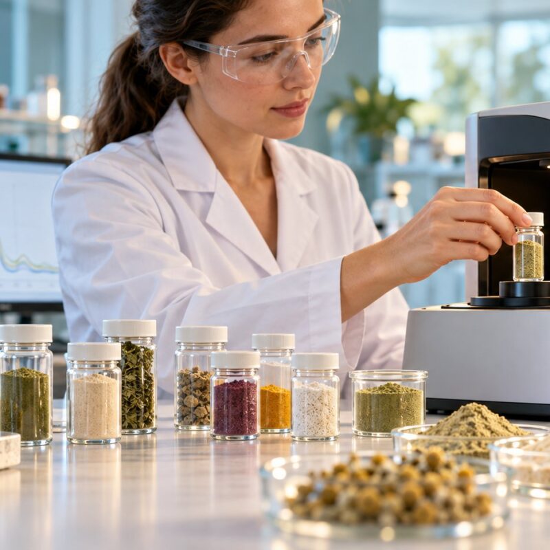 Tecnico che controlla una polvere botanica con spettroscopia nel vicino infrarosso NIR