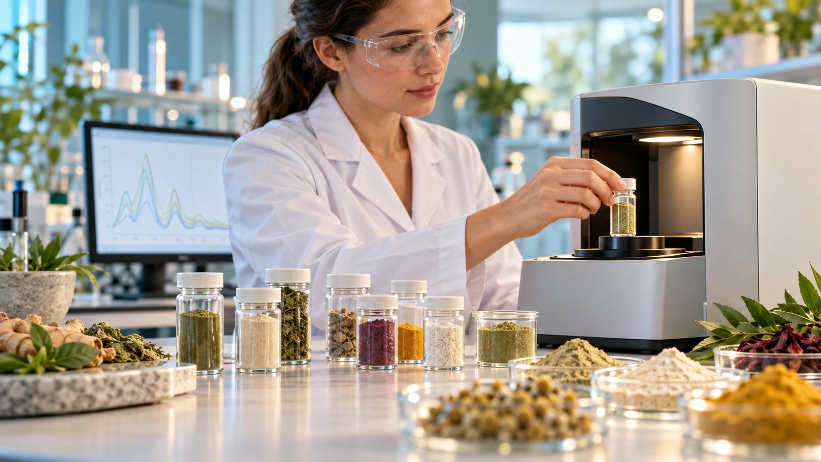 Tecnico che controlla una polvere botanica con spettroscopia nel vicino infrarosso NIR