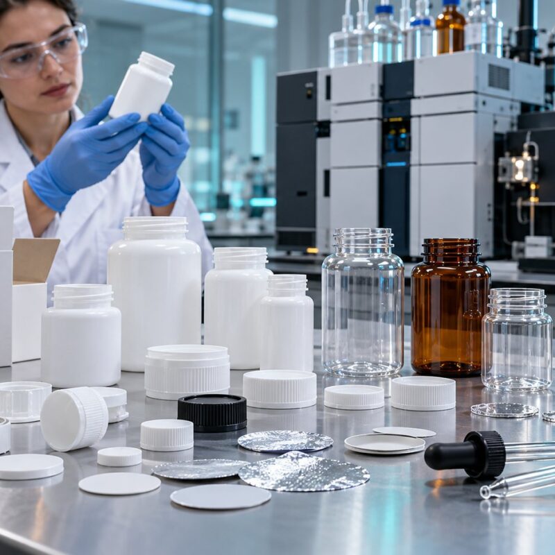 Flaconi e tappi alimentari privi di marchi analizzati in laboratorio per requisiti sui PFAS negli imballaggi