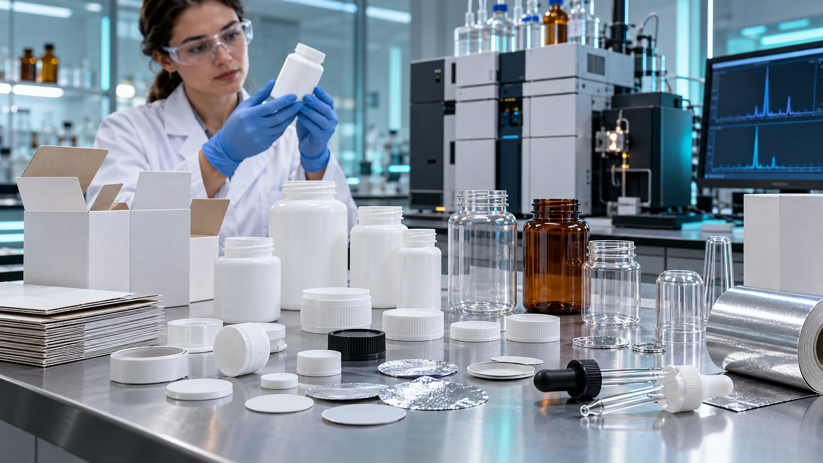 Flaconi e tappi alimentari privi di marchi analizzati in laboratorio per requisiti sui PFAS negli imballaggi