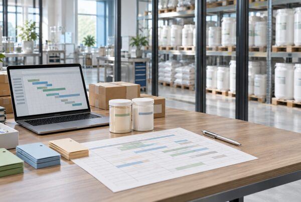 Pianificazione acquisti di integratori con calendario delle consegne, scorte di materie prime confezionate e magazzino di produzione