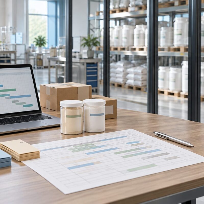 Pianificazione acquisti di integratori con calendario delle consegne, scorte di materie prime confezionate e magazzino di produzione