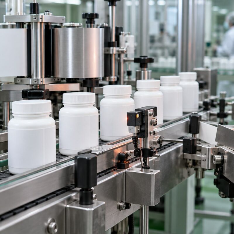 Sensore ottico e deviazione del flacone su linea di etichettatura integratori