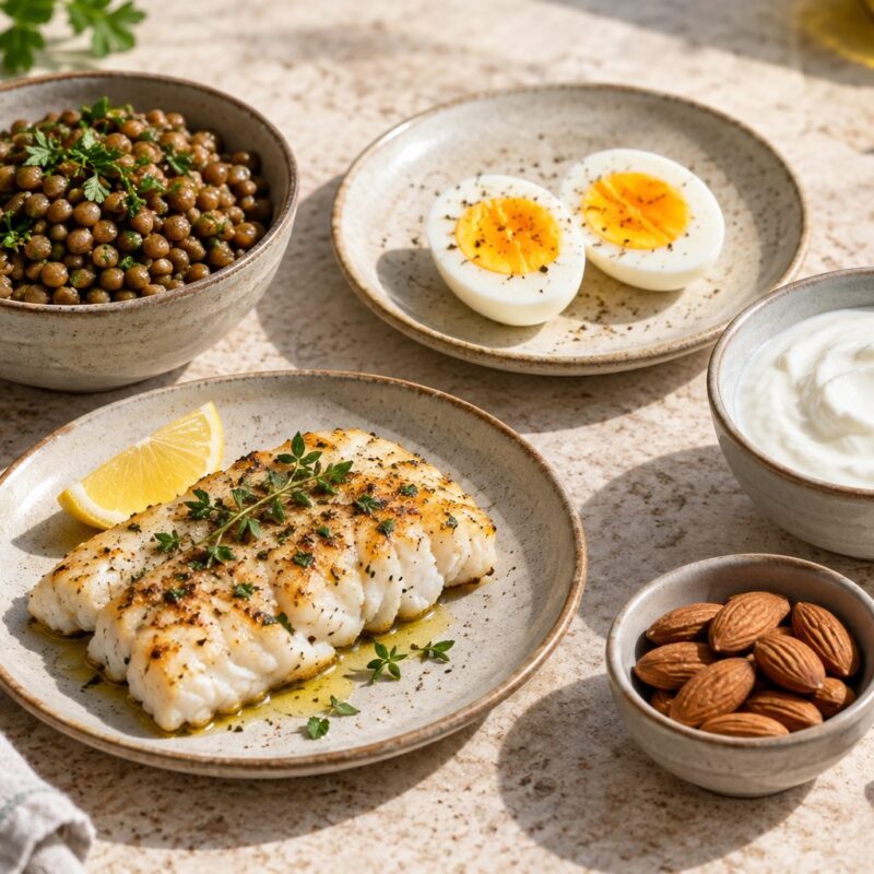 Piatti con lenticchie, uovo, yogurt bianco, pesce grigliato e mandorle come fonti di proteine