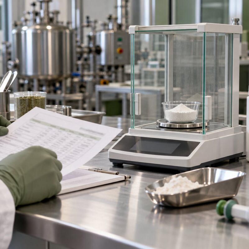 Bilancia analitica e scheda formulativa per il calcolo della purezza di una materia prima