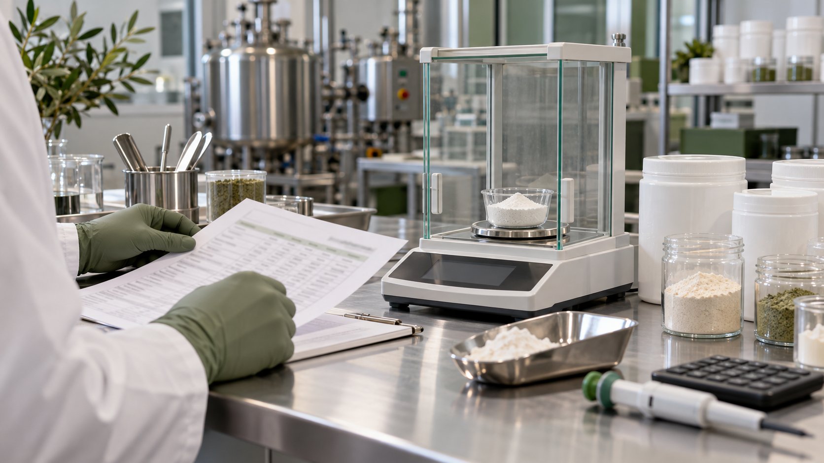 Bilancia analitica e scheda formulativa per il calcolo della purezza di una materia prima
