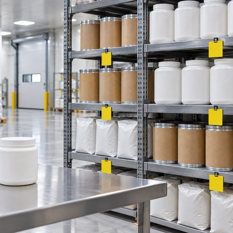 Scaffalature ordinate con contenitori sigillati e cartellini gialli neutri in un magazzino tecnico pulito