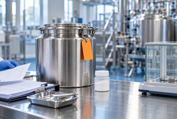 Contenitore di produzione di integratori in quarantena con cartellino arancione, bilancia da laboratorio e documenti di controllo qualità