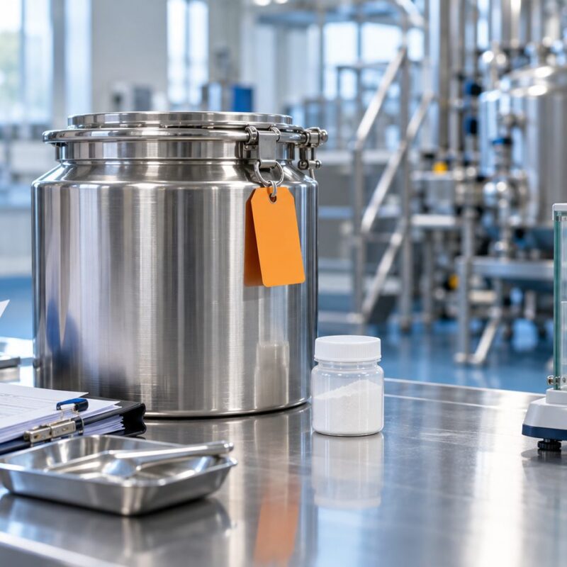 Contenitore di produzione di integratori in quarantena con cartellino arancione, bilancia da laboratorio e documenti di controllo qualità