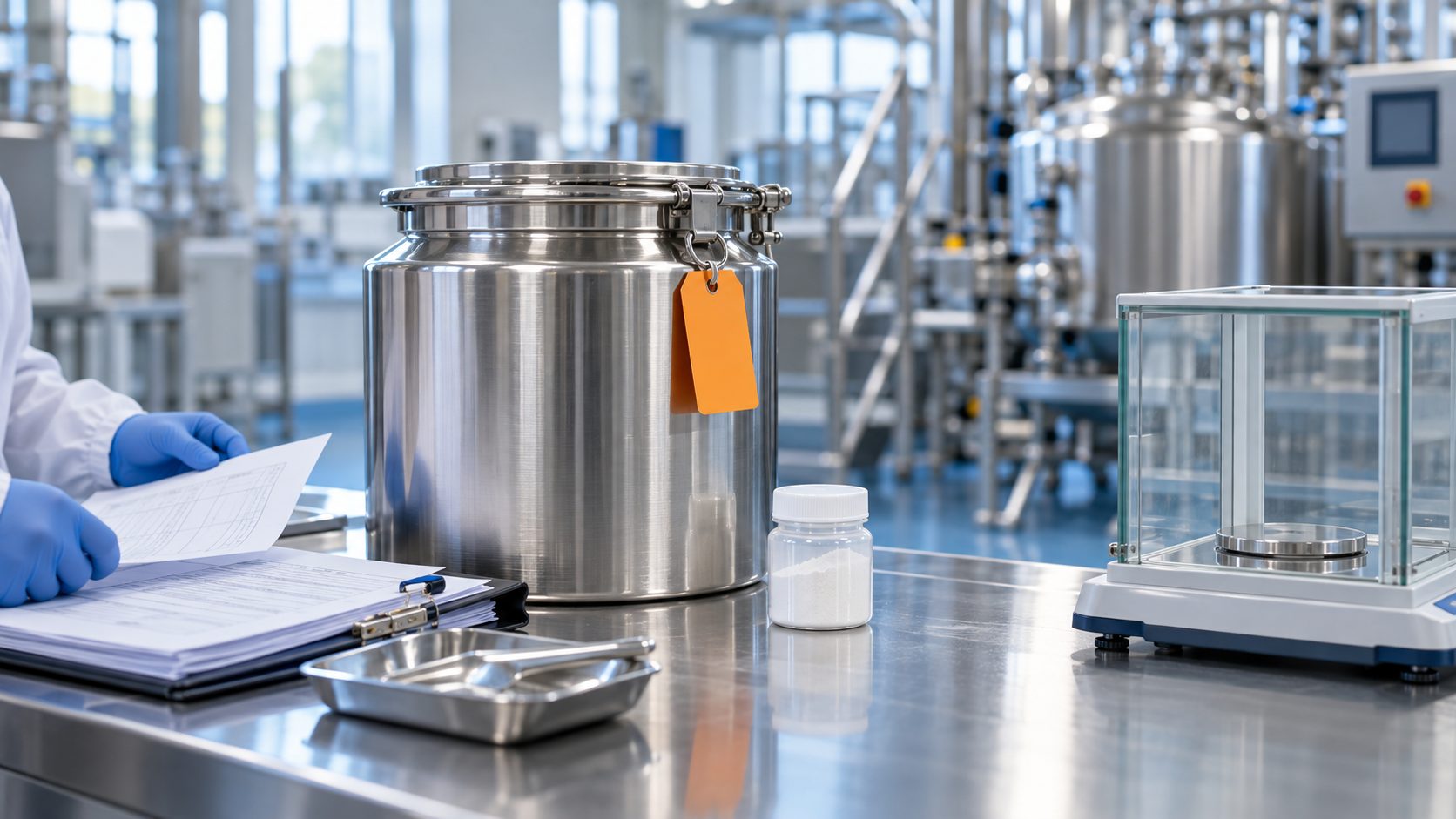 Contenitore di produzione di integratori in quarantena con cartellino arancione, bilancia da laboratorio e documenti di controllo qualità