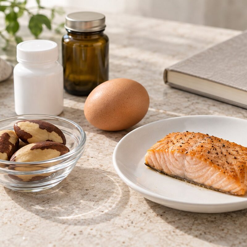 Piccolo piatto con pesce cotto, uovo, alcune noci del Brasile e confezioni anonime sul tavolo