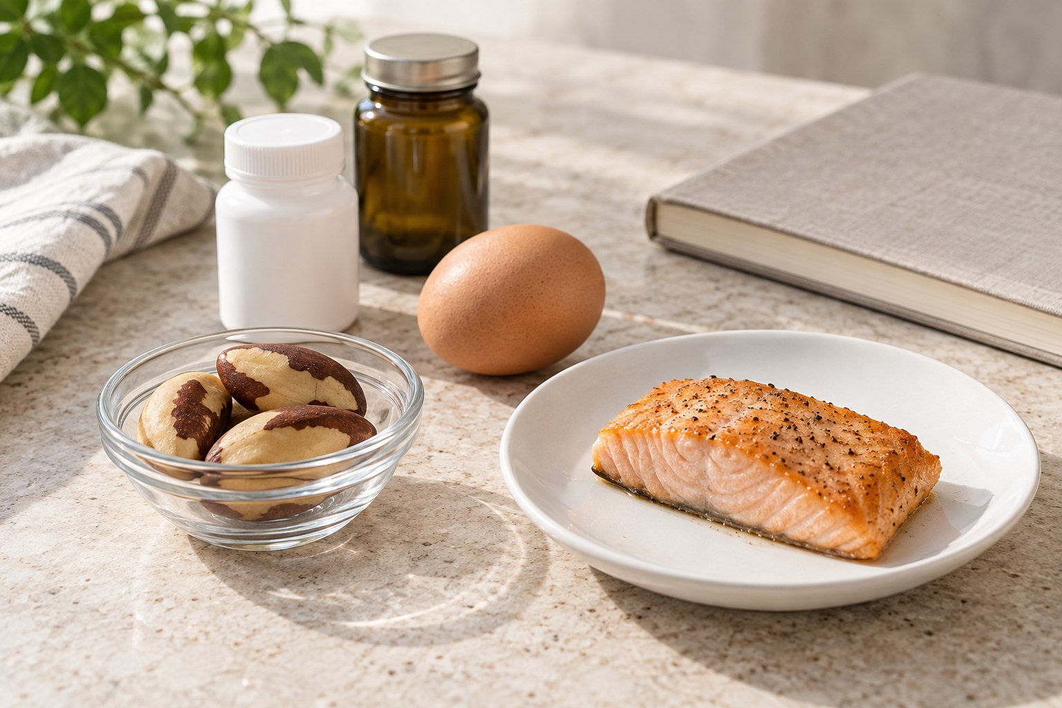 Piccolo piatto con pesce cotto, uovo, alcune noci del Brasile e confezioni anonime sul tavolo