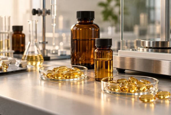 Capsule softgel con oli e contenitori ambrati accanto a strumenti di laboratorio per controlli di stabilità ossidativa
