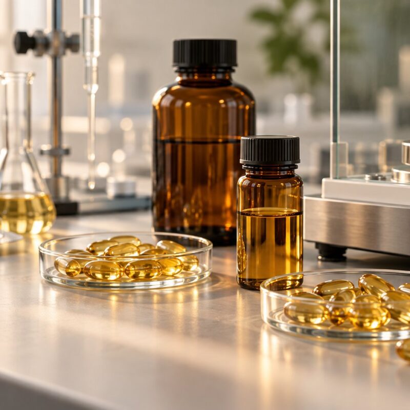 Capsule softgel con oli e contenitori ambrati accanto a strumenti di laboratorio per controlli di stabilità ossidativa