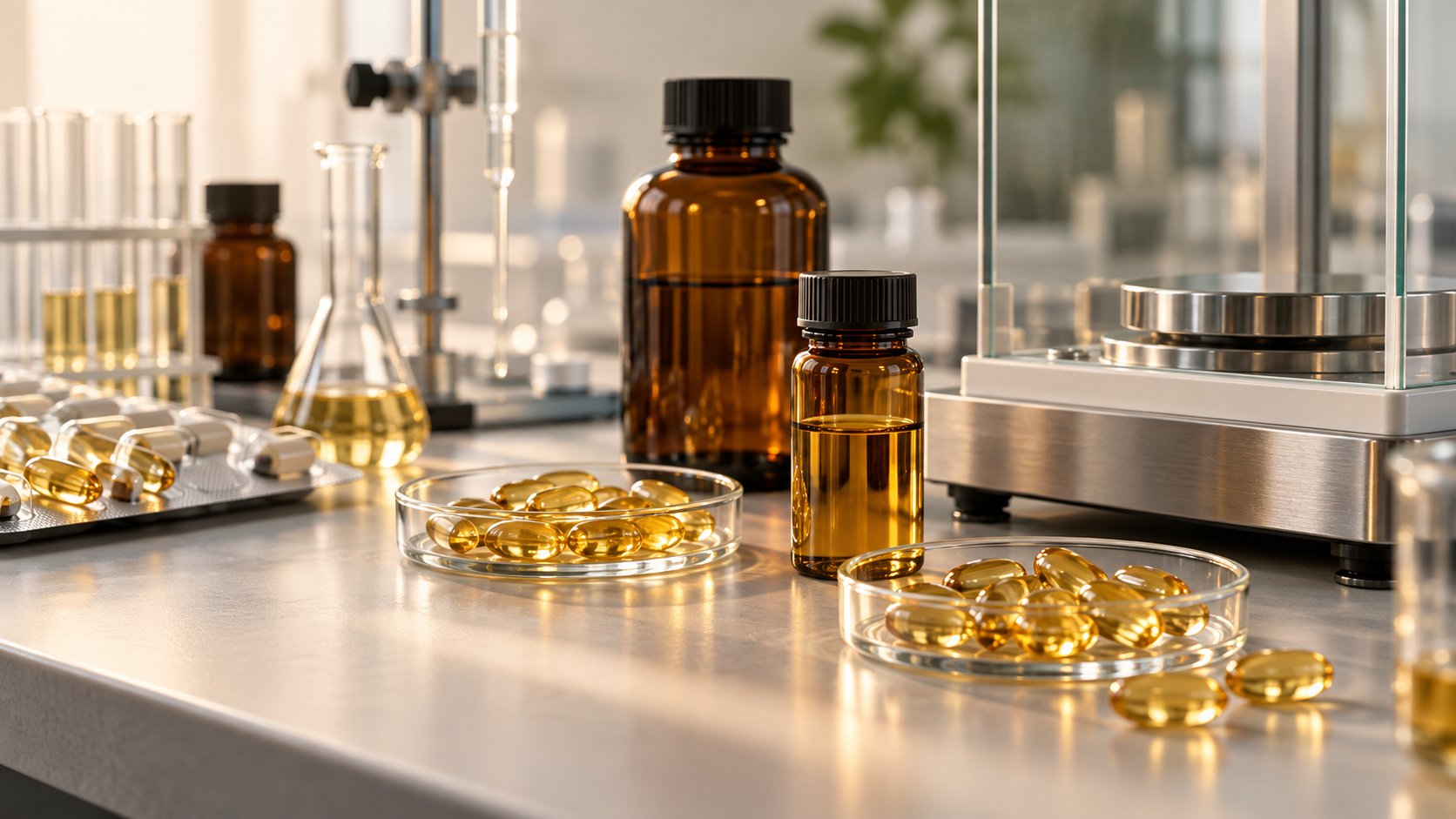 Capsule softgel con oli e contenitori ambrati accanto a strumenti di laboratorio per controlli di stabilità ossidativa