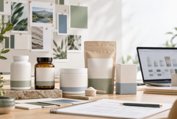 Assortimento iniziale di integratori con flaconi, barattolo, bustina e astuccio neutri in uno studio di progettazione del brand