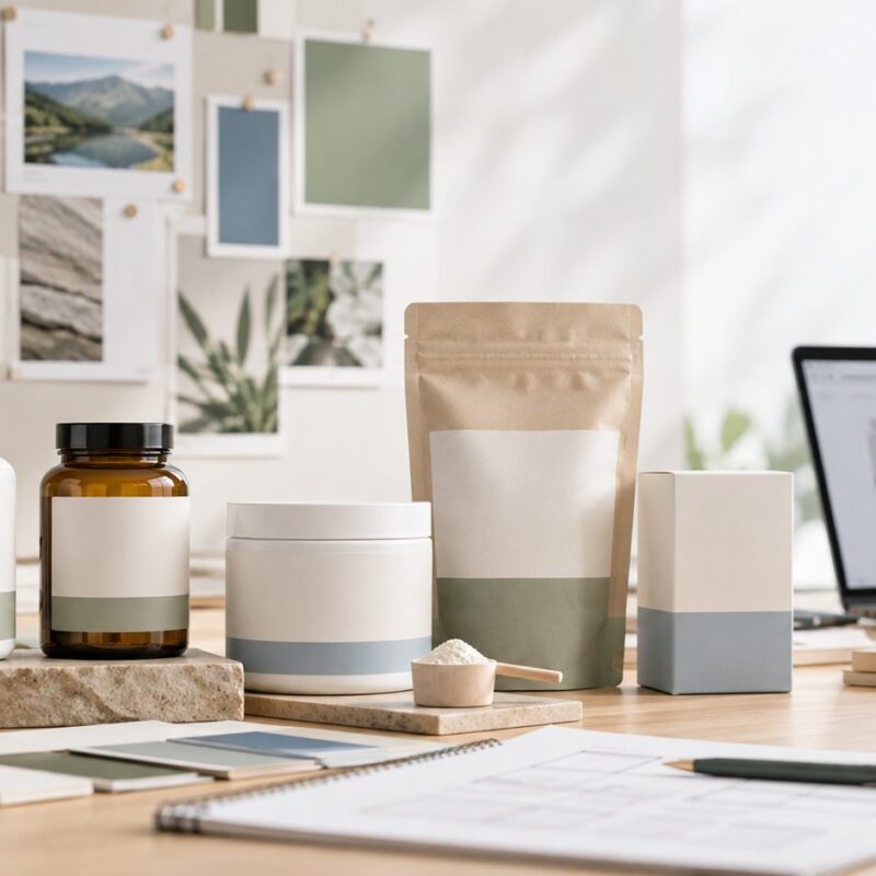 Assortimento iniziale di integratori con flaconi, barattolo, bustina e astuccio neutri in uno studio di progettazione del brand