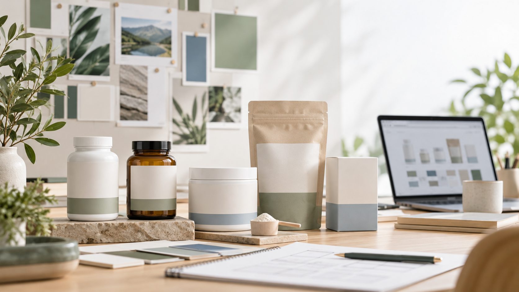 Assortimento iniziale di integratori con flaconi, barattolo, bustina e astuccio neutri in uno studio di progettazione del brand