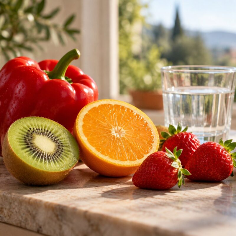 Kiwi tagliato, peperone rosso, arancia e fragole fresche vicino a un bicchiere d'acqua su tavolo chiaro