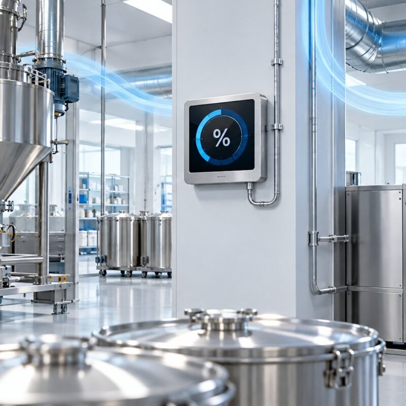 Sistema di deumidificazione e controllo dell'umidità relativa in una sala di lavorazione di polveri per integratori